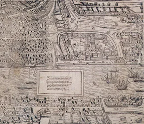 Yksityiskohta Lontoon Towerista, "Civitas Londinumista", Lontoon kartasta, 1560
